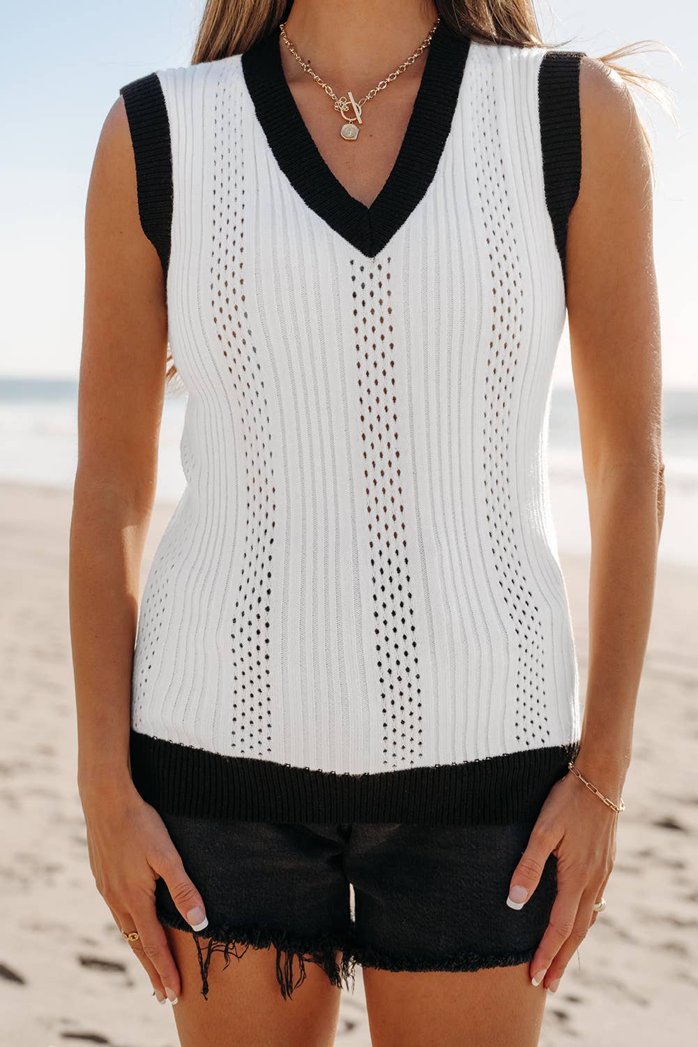 Contrast Trim Eyelet Knit Colorblock V Neck Sweater Vest